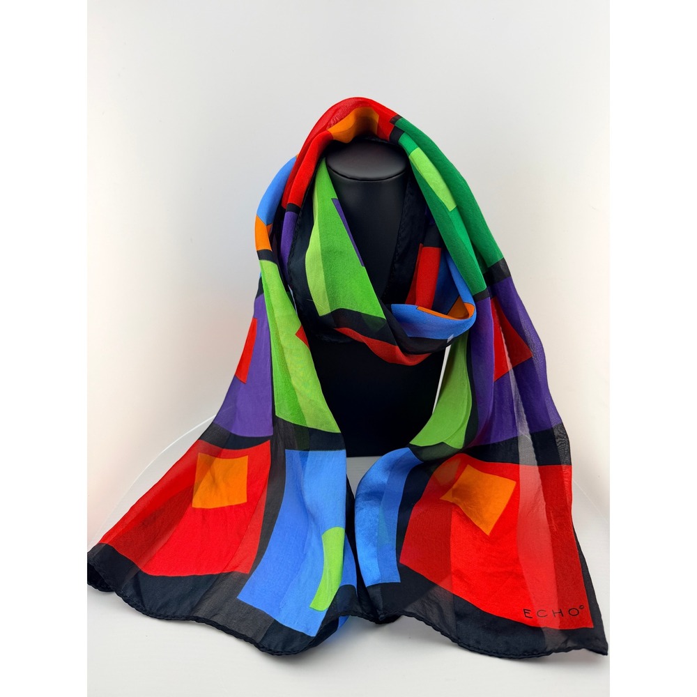 Vintage Echo Geometric Abstract Scarf Vibrant Multi Color Square Sheer Retro 80s